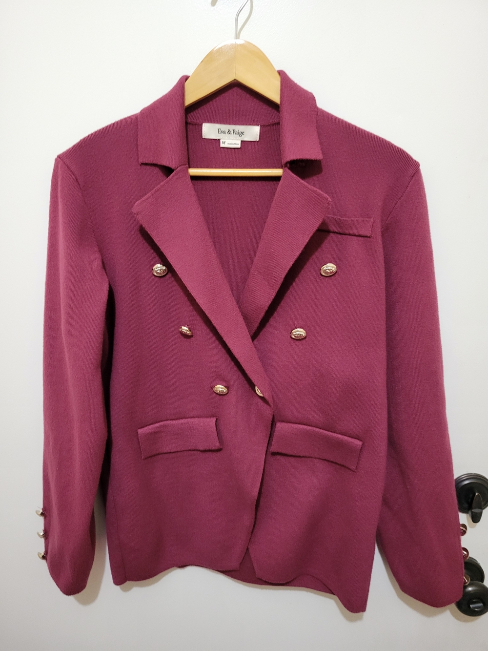 Eva & Paige Burgundy Knit Double-Breasted Blazer with Shiny Gold Detail Buttons